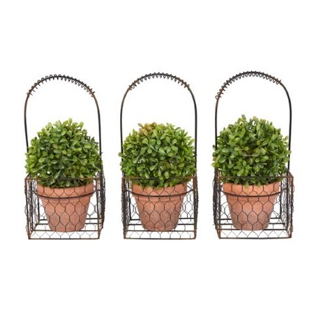 HASTINGS HOME Set of 3 Faux Boxwood 9.5-inch Tall Topiary Arrangements in Decorative Metal, Indoor Home or Office 718727DFM